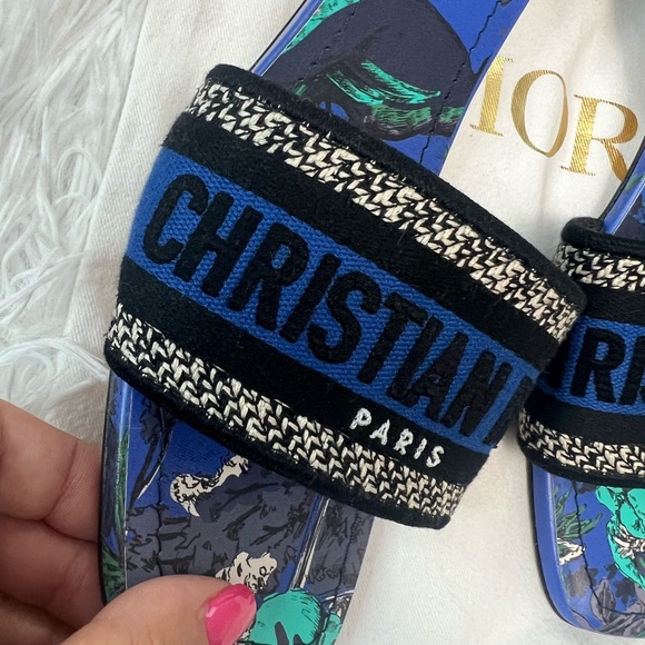 Dior Dway Heeled Slide Blue & Black Embroidered Cotton - Picture 3 of 12